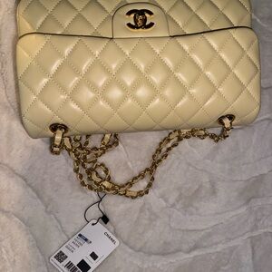 Yellow Quilted Shoulder Bag in Cream with Gold Hardware
